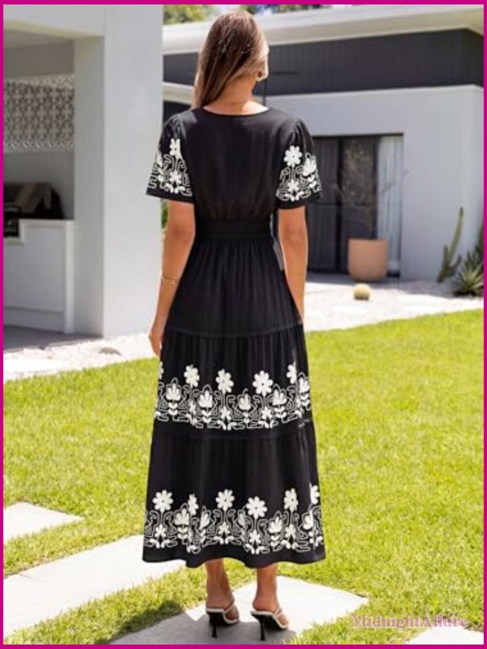 V Neck Short Sleeve Floral Maxi Dress with Smocked Waist Tiered Skirt - Picture 5 of 7